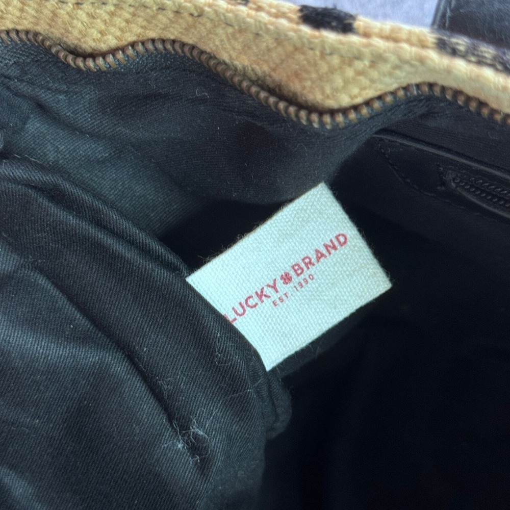 Lucky Brand Cassis Top Zip Tan Black Embroidered Boho Tote Shoulder Bag - Picture 5 of 7